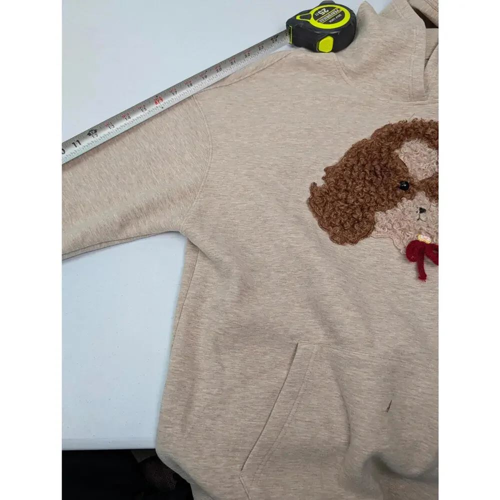 Baizi Chow‎ Hoodie Dog Embroidered Sweatshirt Brown Beige Cotton Blend Small